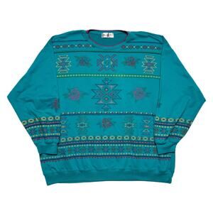 Blast Vintage Tribal Aztec Print Shirt Multicolor Blue Long Sleeve Southwestern